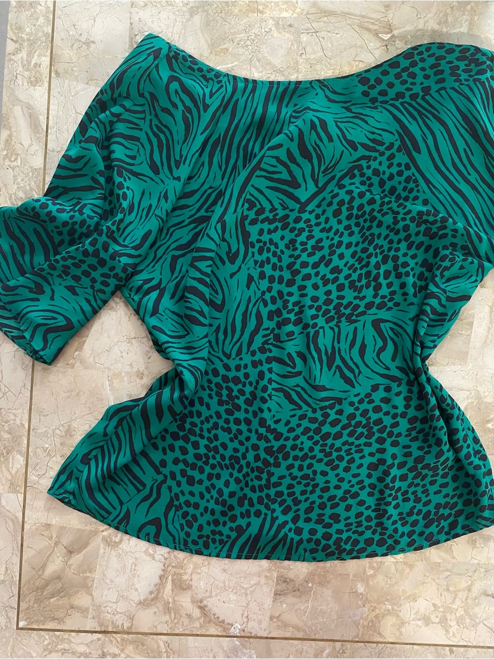CAbi Teal Green and Black Animal-Print Blouse